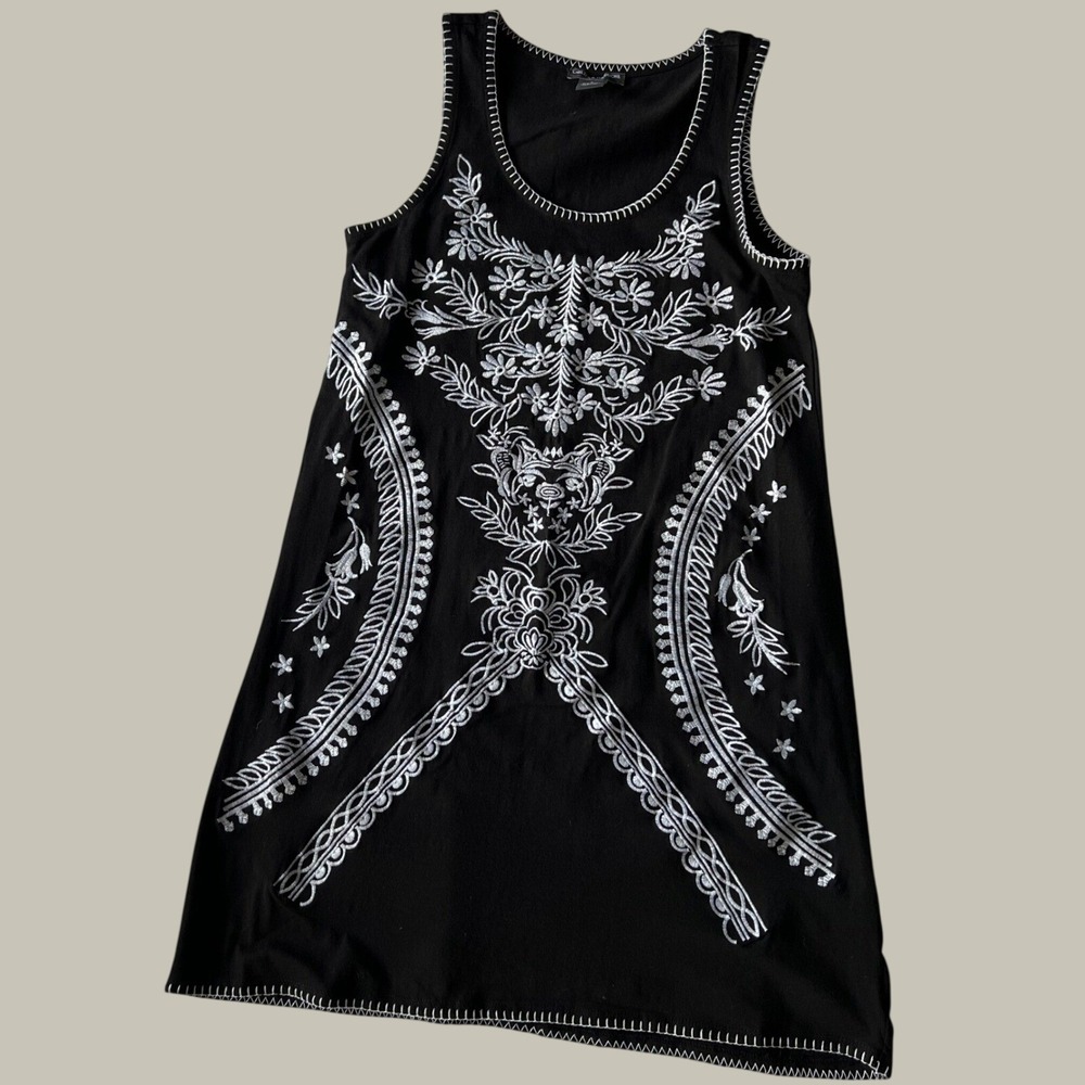 Chelsea Theodore Black Embroidered Cotton Blend Tank Dress Women's Size S